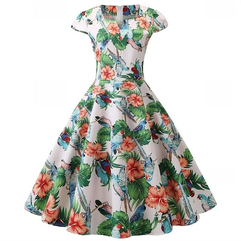 A-Line/Princess 1950s Scoop Short Sleeves Printed Floral Vintage Dresses