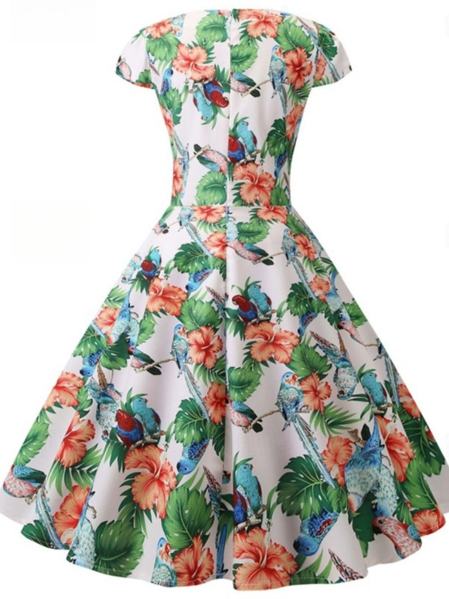 A-Line/Princess 1950s Scoop Short Sleeves Printed Floral Vintage Dresses