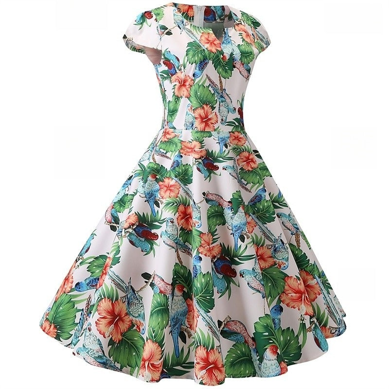 A-Line/Princess 1950s Scoop Short Sleeves Printed Floral Vintage Dresses