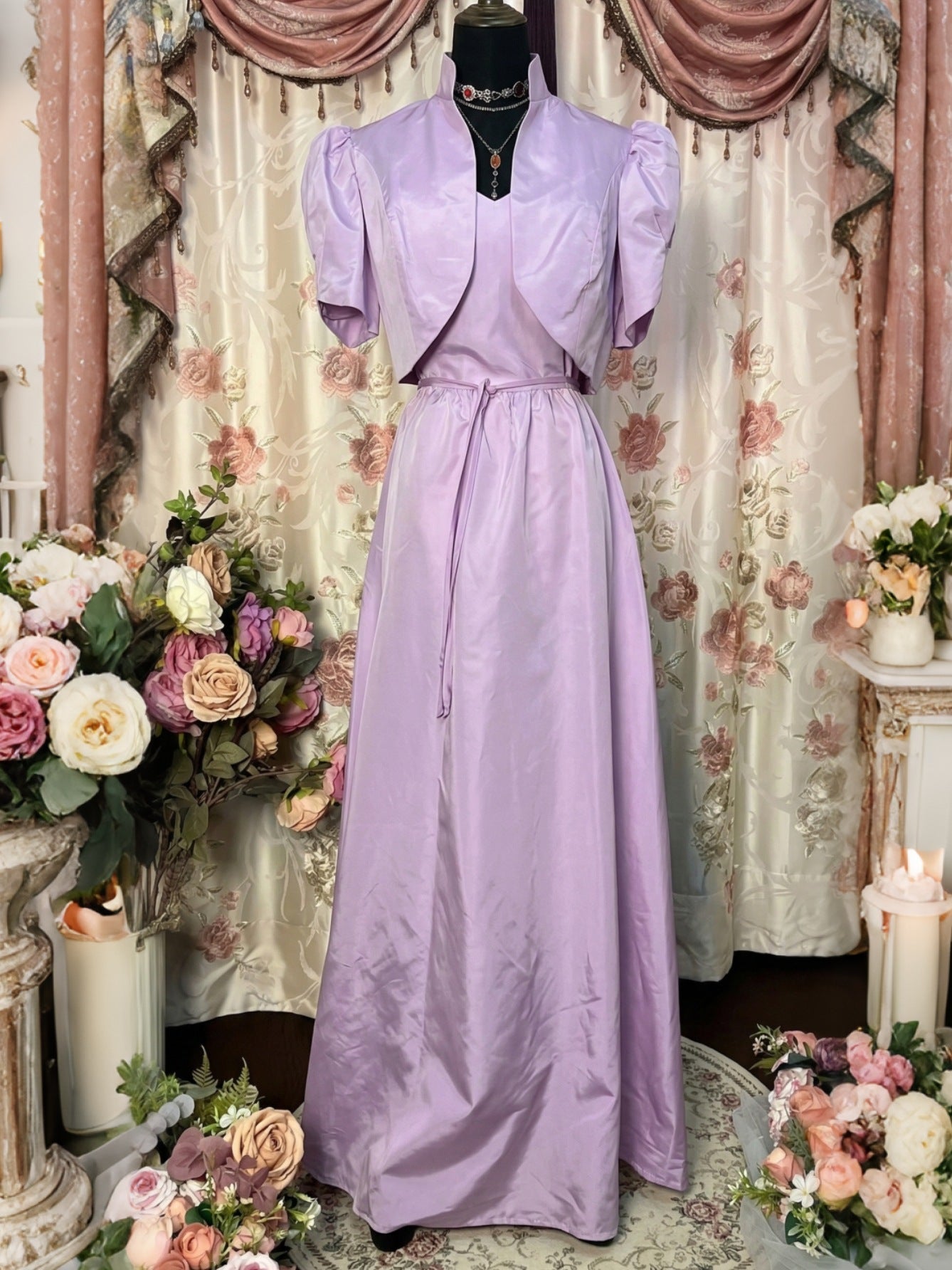 A-Line/Princess 2 Pieces Spaghetti Straps Taffeta Prom Dresses Vintage 80s Iridescent Dress Short Sleeves Ankle-Length With Jacket