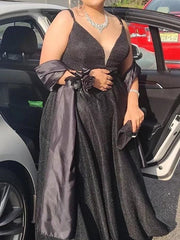 A Line/Princess Spaghetti Straps V Neck Floor-Length Evening Dresses with Slit