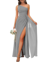 A Line/Princess One Shoulder Sleeveless Floor-Length Bridesmaid Dresses with Split