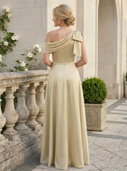 A-Line/Princess Asymmetrical Bridesmaid Dresses With Bow/High Split Satin Sleeveless Floor-Length