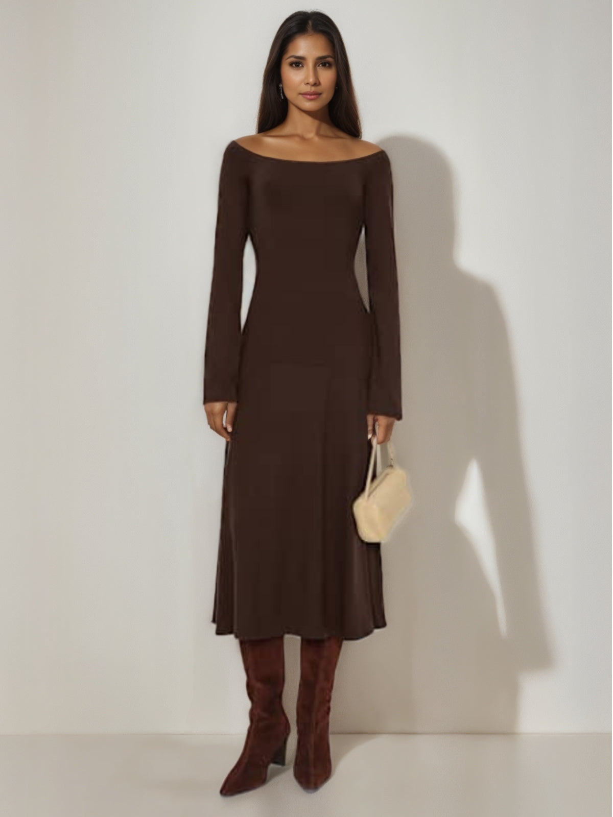 A-Line/Princess Bateau Neck Long Sleeves Wedding Guest Dresses Tea-Length