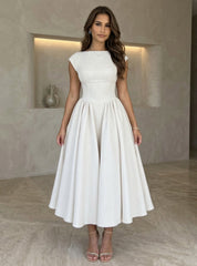 A-Line/Princess Boat Neck Stretch Satin Cocktail Dresses Sleeveless Tea-Length Graduation Dress Pleated Little White Dresses
