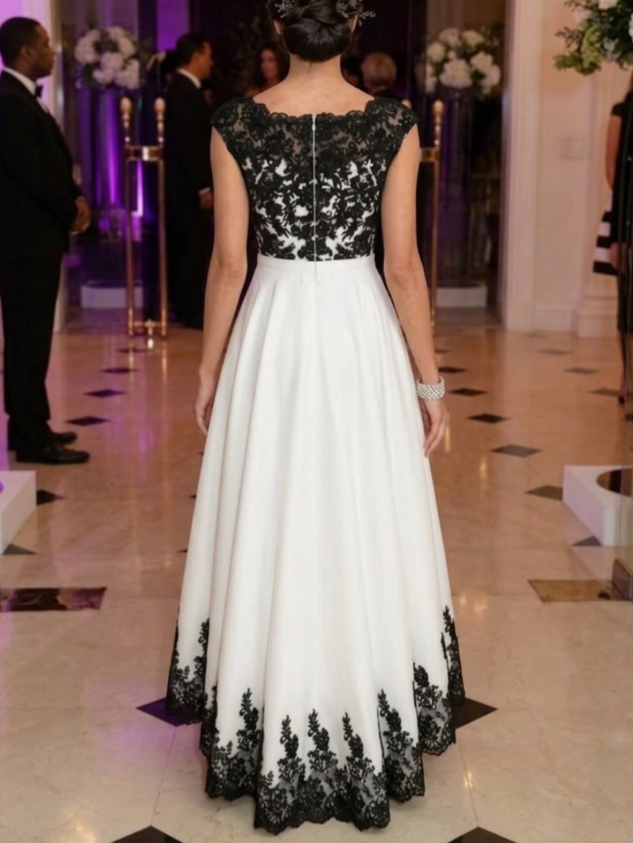A-Line/Princess Boat Neck Satin Cocktail Dresses Sleeveless Lace Asymmetrical Tea-Length Formal Dresses