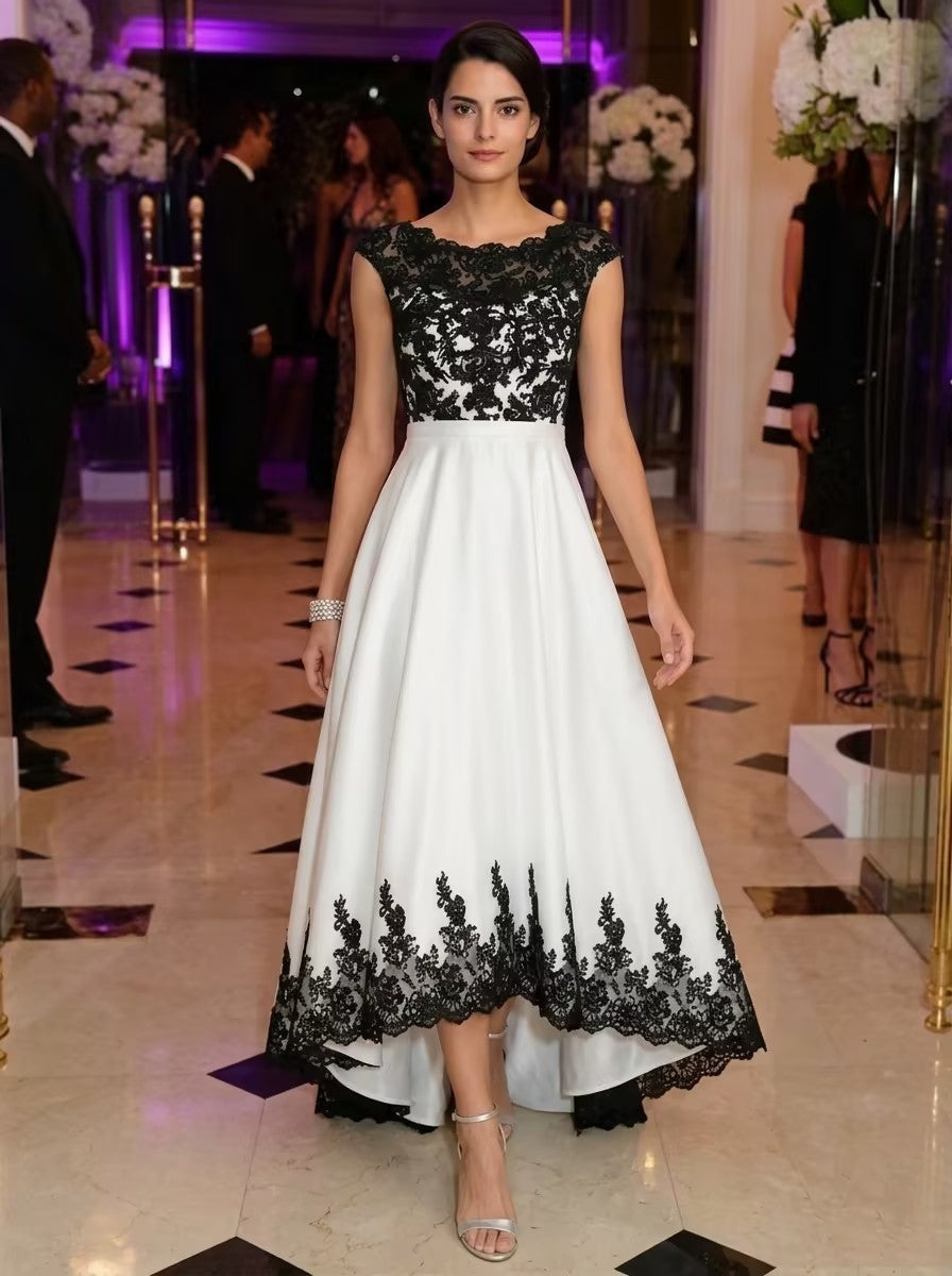 A-Line/Princess Boat Neck Satin Cocktail Dresses Sleeveless Lace Asymmetrical Tea-Length Formal Dresses