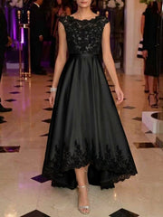 A-Line/Princess Boat Neck Satin Cocktail Dresses Sleeveless Lace Asymmetrical Tea-Length Formal Dresses