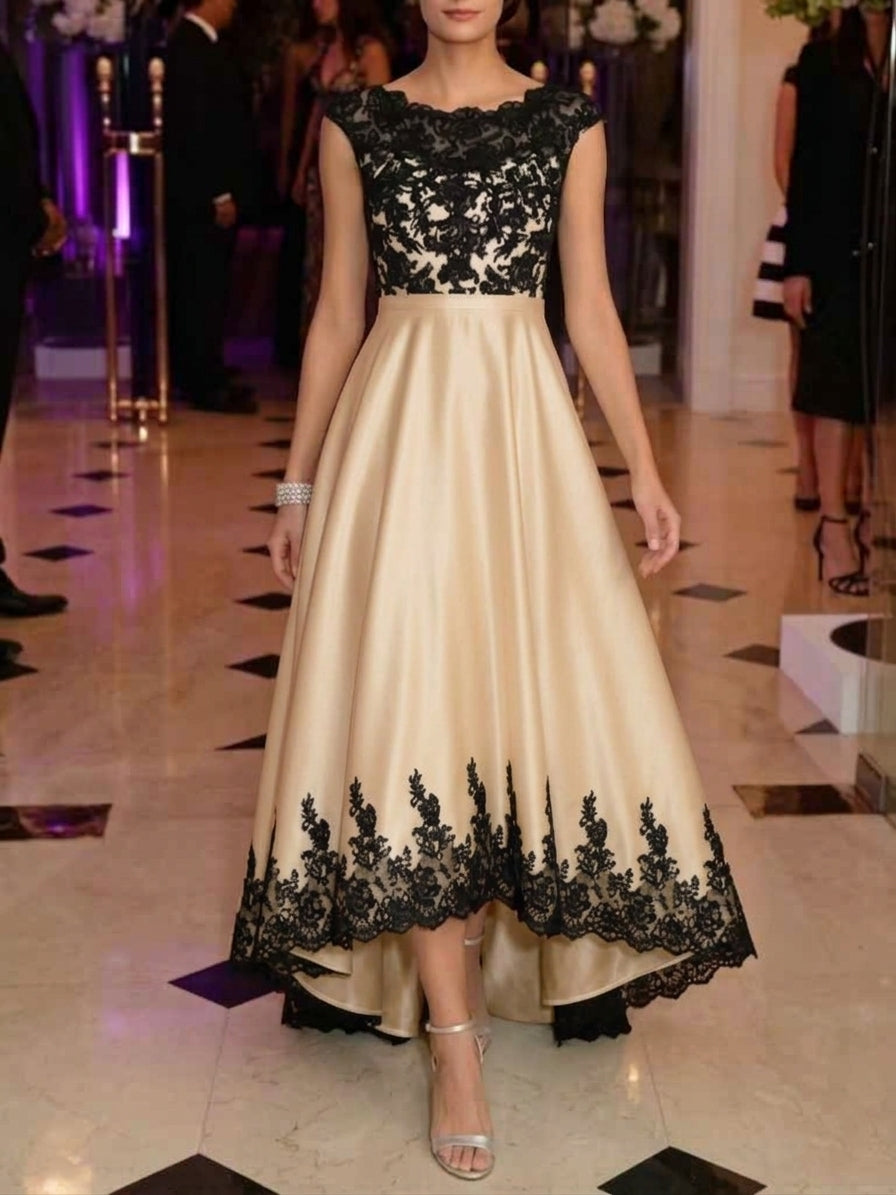 A-Line/Princess Boat Neck Satin Cocktail Dresses Sleeveless Lace Asymmetrical Tea-Length Formal Dresses