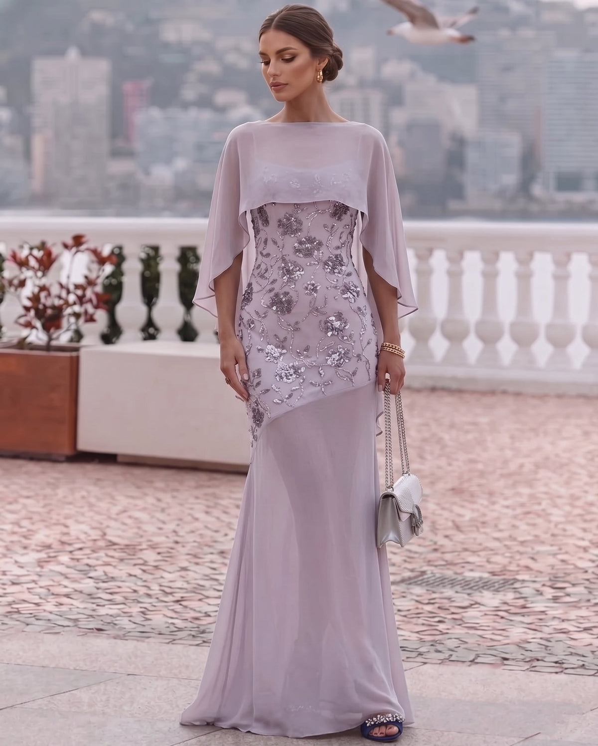 2 Pieces Sheath/Column Scoop Sequins Evening Dresses with Wrap Sleeveless Floral Floor-Length Party Dresses