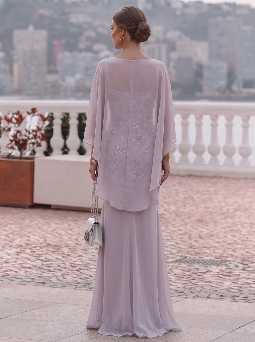 2 Pieces Sheath/Column Scoop Sequins Evening Dresses with Wrap Sleeveless Floral Floor-Length Party Dresses