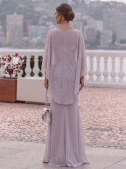 2 Pieces Sheath/Column Scoop Sequins Evening Dresses with Wrap Sleeveless Floral Floor-Length Party Dresses