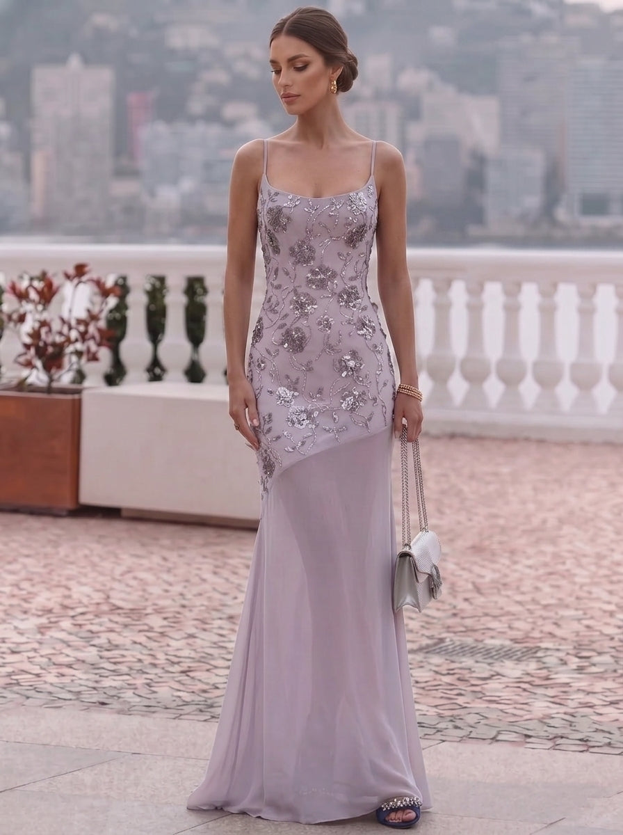 2 Pieces Sheath/Column Scoop Sequins Evening Dresses with Wrap Sleeveless Floral Floor-Length Party Dresses