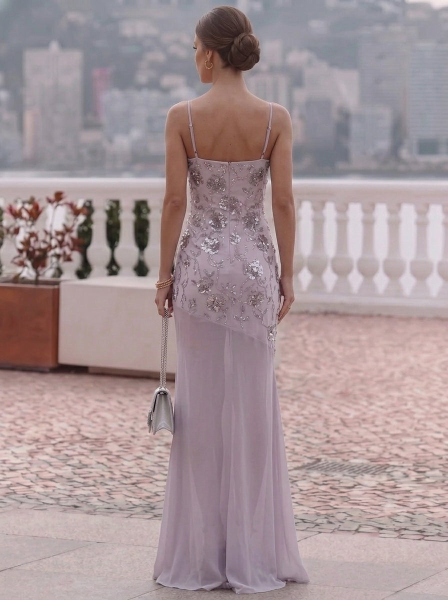 2 Pieces Sheath/Column Scoop Sequins Evening Dresses with Wrap Sleeveless Floral Floor-Length Party Dresses