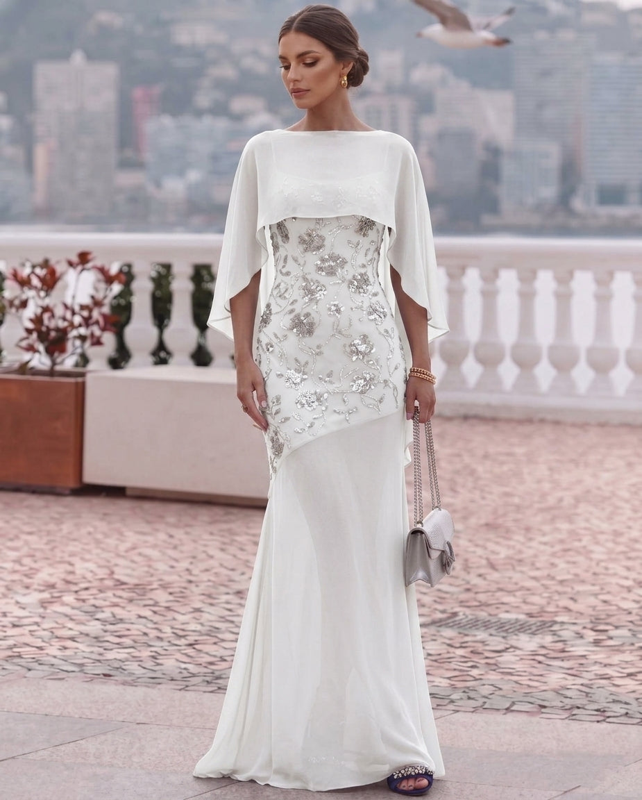 2 Pieces Sheath/Column Scoop Sequins Evening Dresses with Wrap Sleeveless Floral Floor-Length Party Dresses