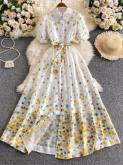 A-Line/Princess  Floral Shirt Collar Wedding Guest Dresses Tea-Length Short Sleeves with Belt