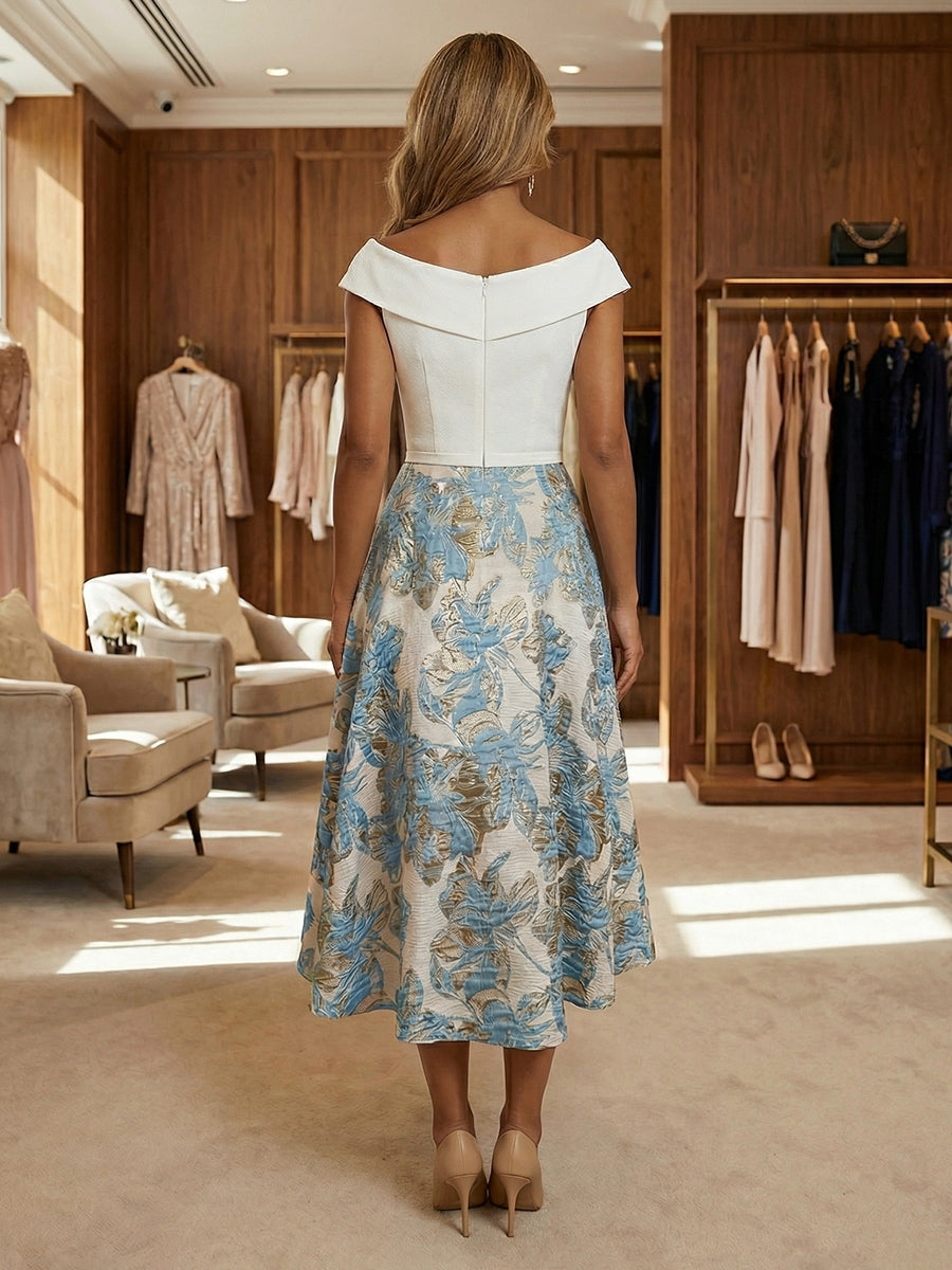 A-Line/Princess Asymmetrical Neck Jacquard Cocktail Dresses Tea-Length Floral Cap Sleeves Party Dresses