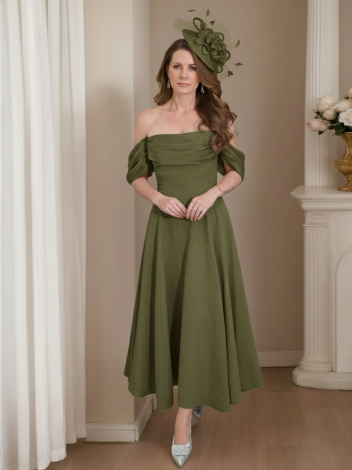 A-Line/Princess 1/2 Sleeves Ankle-Length Off-the-Shoulder Mother of the Bride Dresses