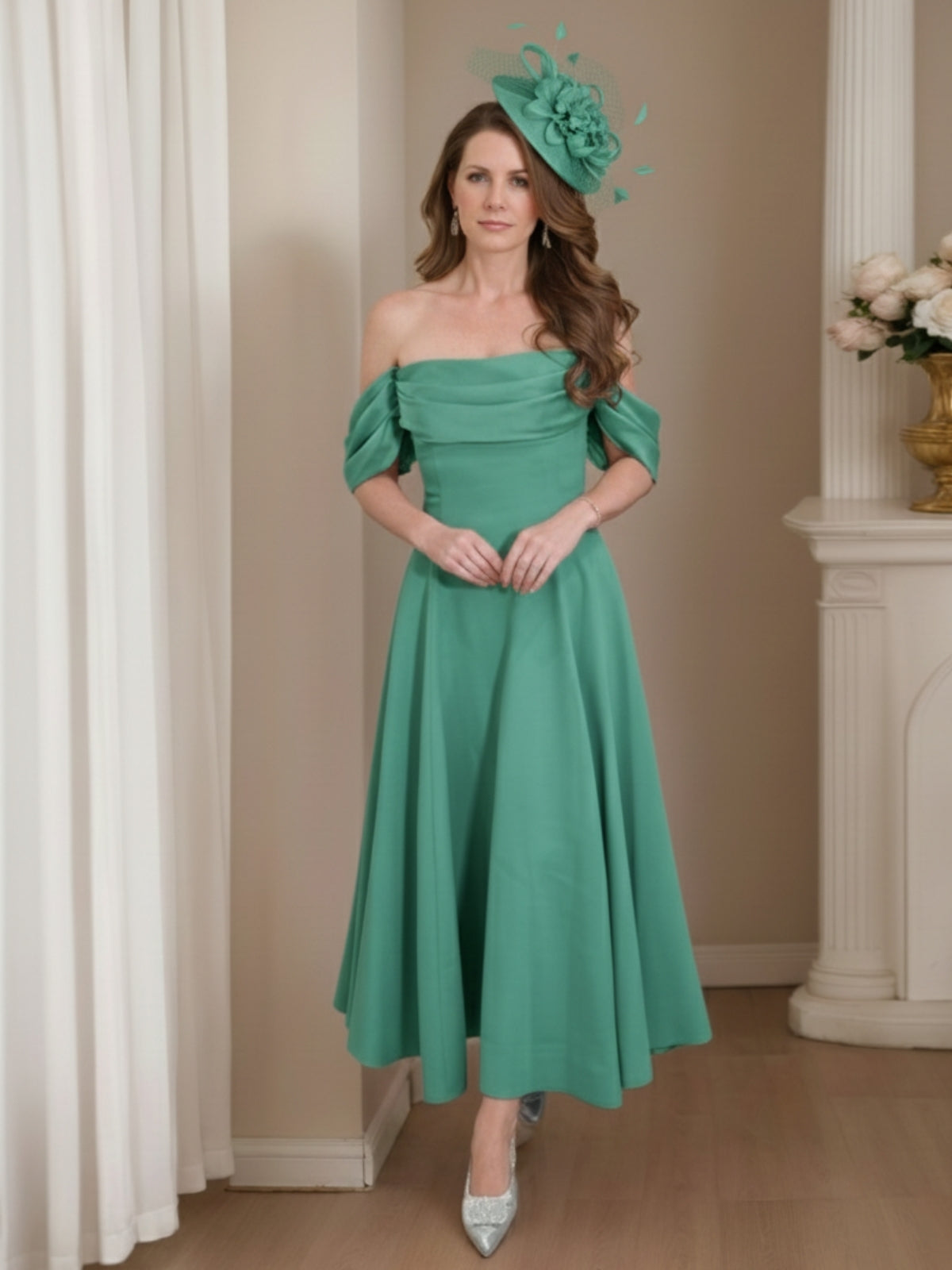 A-Line/Princess 1/2 Sleeves Ankle-Length Off-the-Shoulder Mother of the Bride Dresses