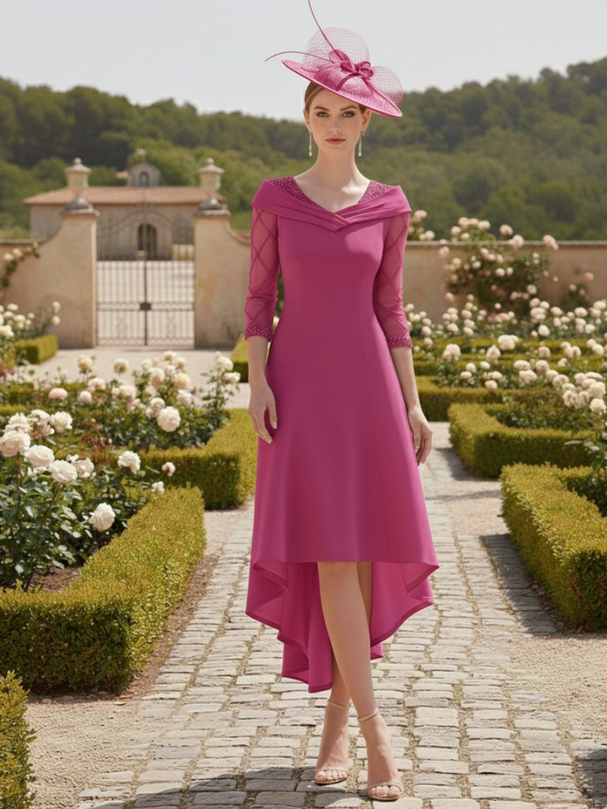 A-Line/Princess 3/4 Sleeves Knee-Length Asymmetrical Mother of the Bride Dresses with Beadings