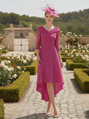 A-Line/Princess 3/4 Sleeves Knee-Length Asymmetrical Mother of the Bride Dresses with Beadings