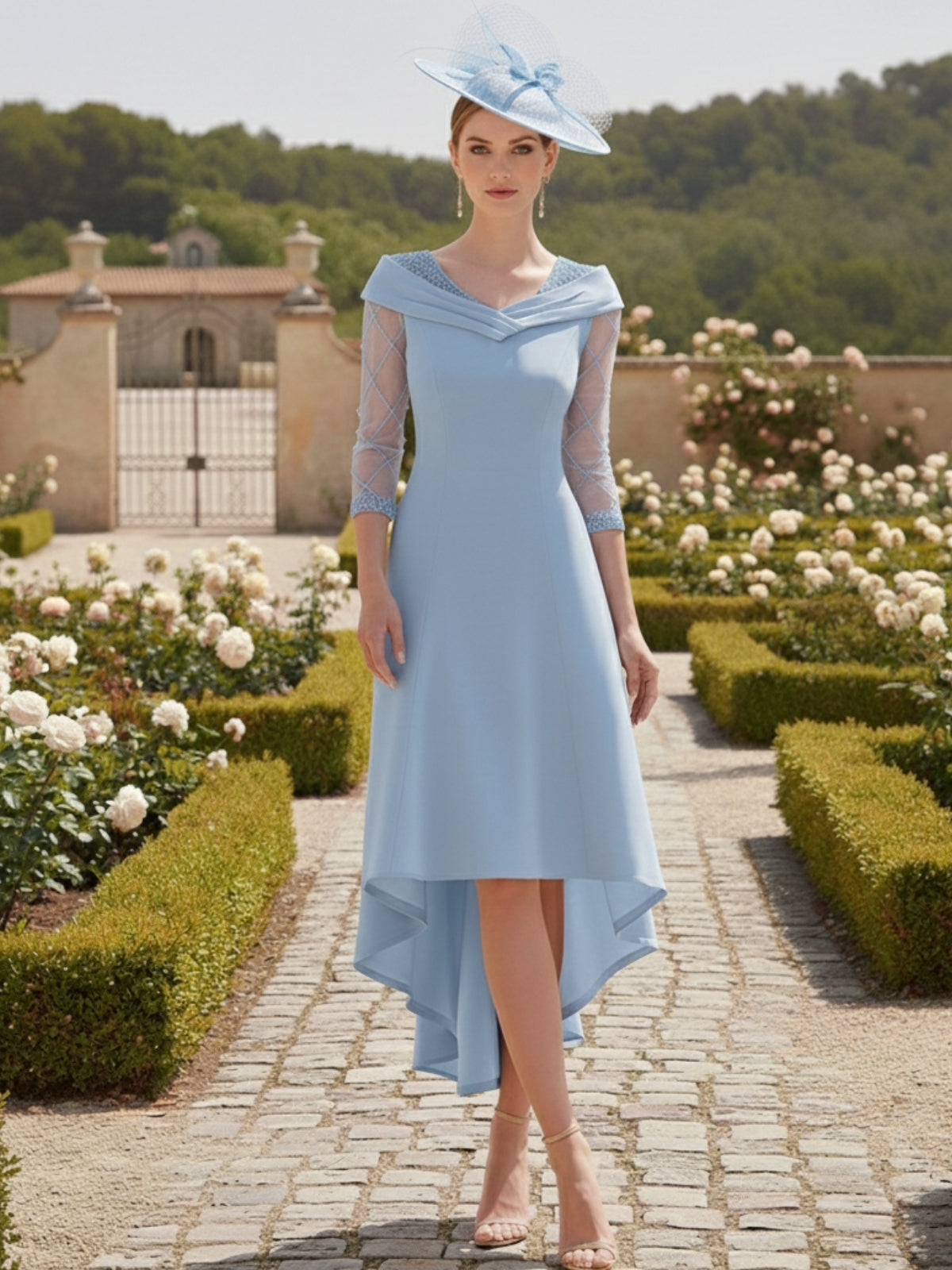 A-Line/Princess 3/4 Sleeves Knee-Length Asymmetrical Mother of the Bride Dresses with Beadings