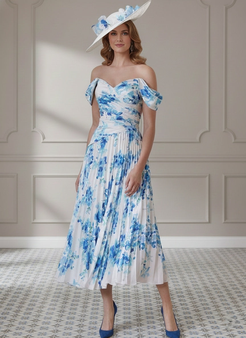 A Line/Princess Off-the-shoulder Draped Sleeves Tea-Length Printed Flower Mother of the Bride Dress