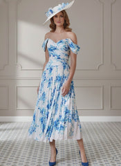 A Line/Princess Off-the-shoulder Draped Sleeves Tea-Length Printed Flower Mother of the Bride Dress