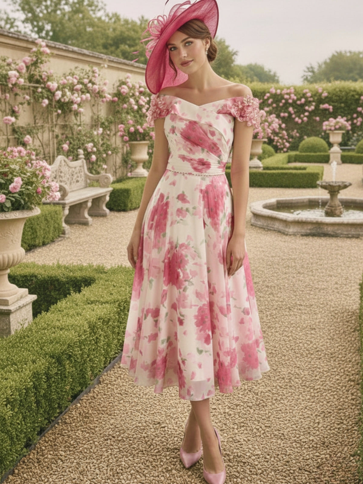 A Line/Princess Off-the-Shoulder Short Sleeves Tea-Length Printed Flower Mother of the Bride Dress