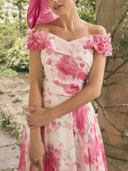 A Line/Princess Off-the-Shoulder Short Sleeves Tea-Length Printed Flower Mother of the Bride Dress