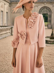 2 Pieces A-Line/Princess V-Neck Tea-Length Mother of the Bride Dress with Jacket & 3D Flower