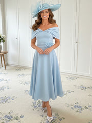 A-Line/Princess 1/2 Sleeves Tea-Length Off-the-Shoulder Mother of the Bride Dresses with 3D Flowers