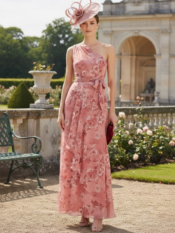 A Line/Princess One-Shoulder Printed Chiffon Mother of the Bride Dresses Floral Floor-Length Sleeveless