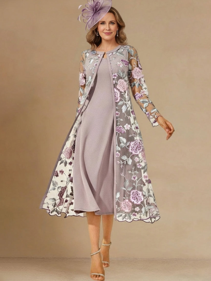 A-Line/Princess 2 Pieces Scoop Satin Mother of the Bride Dresses Tea-Length Long Sleeves Floral With Appliques&Lace Jacket