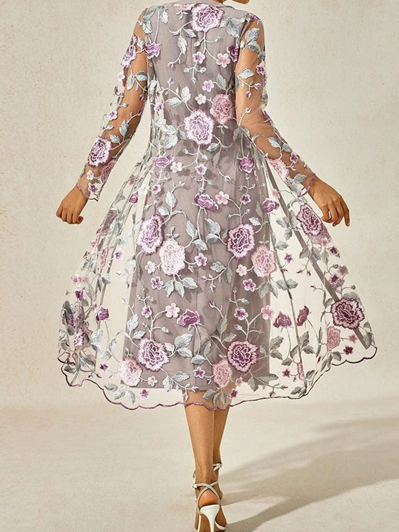 A-Line/Princess 2 Pieces Scoop Satin Mother of the Bride Dresses Tea-Length Long Sleeves Floral With Appliques&Lace Jacket