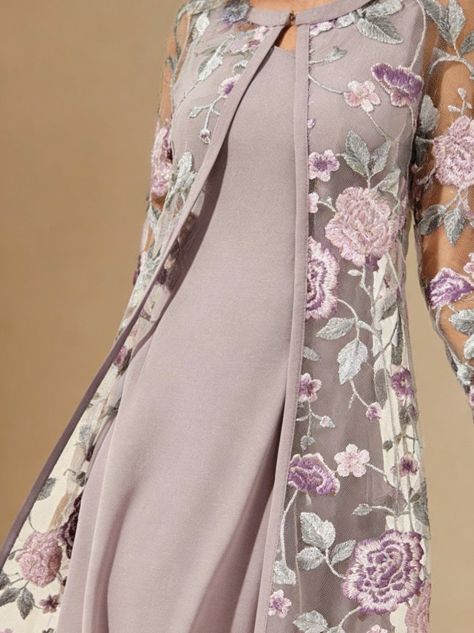 A-Line/Princess 2 Pieces Scoop Satin Mother of the Bride Dresses Tea-Length Long Sleeves Floral With Appliques&Lace Jacket