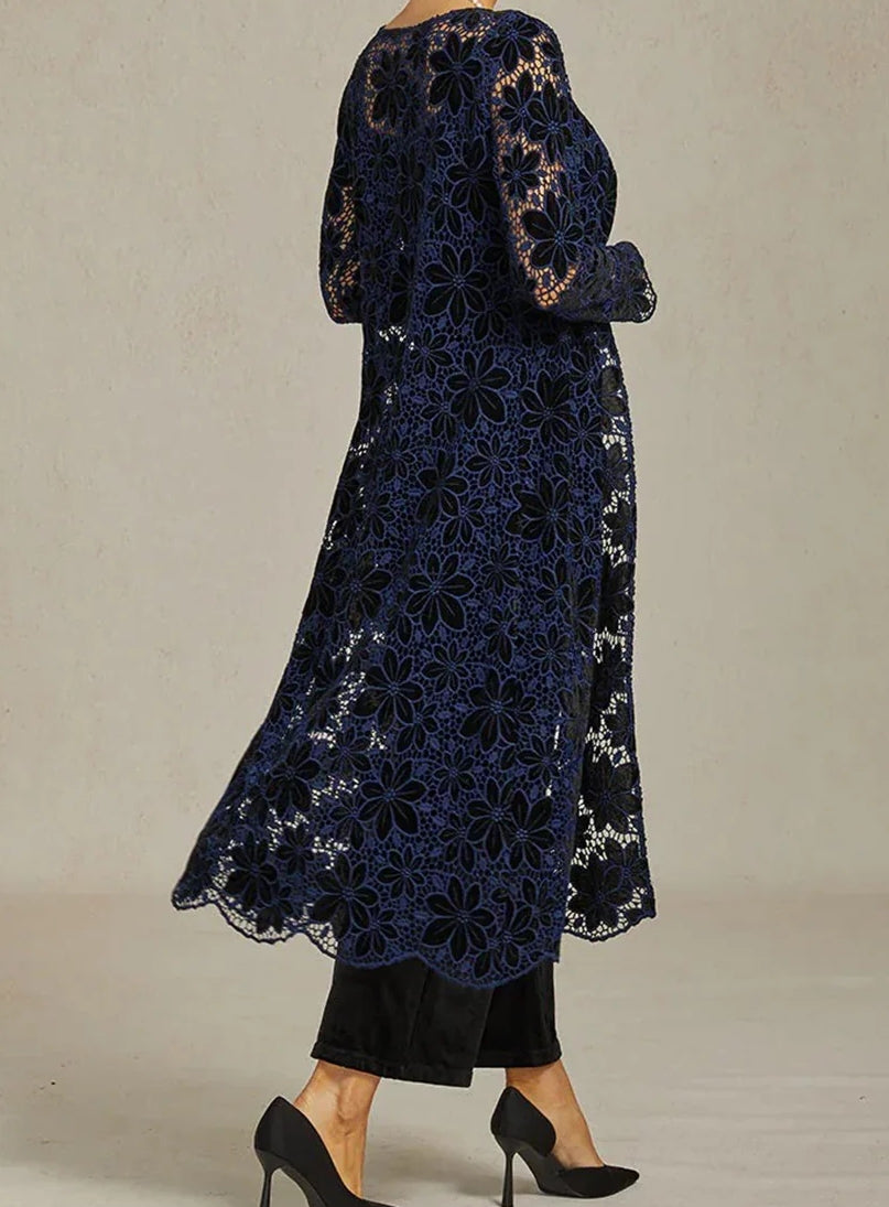3 Pieces Scoop Satin Mother of the Bride Pansuits Tea-Length Long Sleeves With Floral Appliques& Lace Jacket