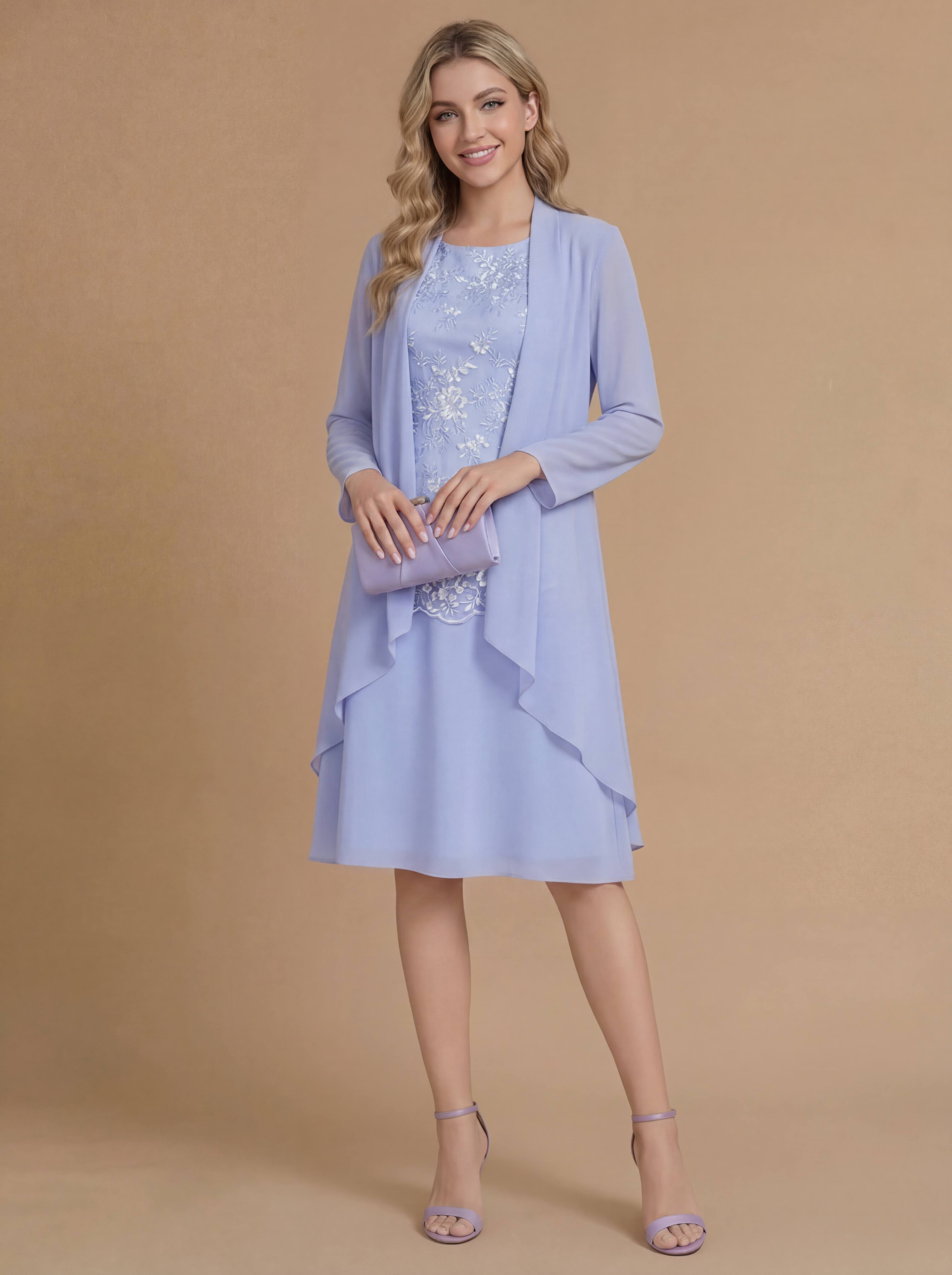 A-Line/Princess 2 Pieces Scoop Chiffon Mother of the Bride Dresses Knee-Length Long Sleeves With Jacket&Appliques