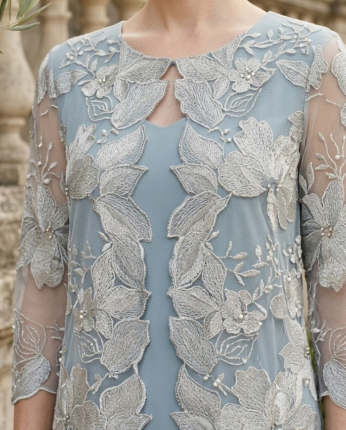 A-Line/Princess 2 Pieces Scoop Chiffon Mother of the Bride Dresses Tea-Length Long Sleeves With Lace Jacket