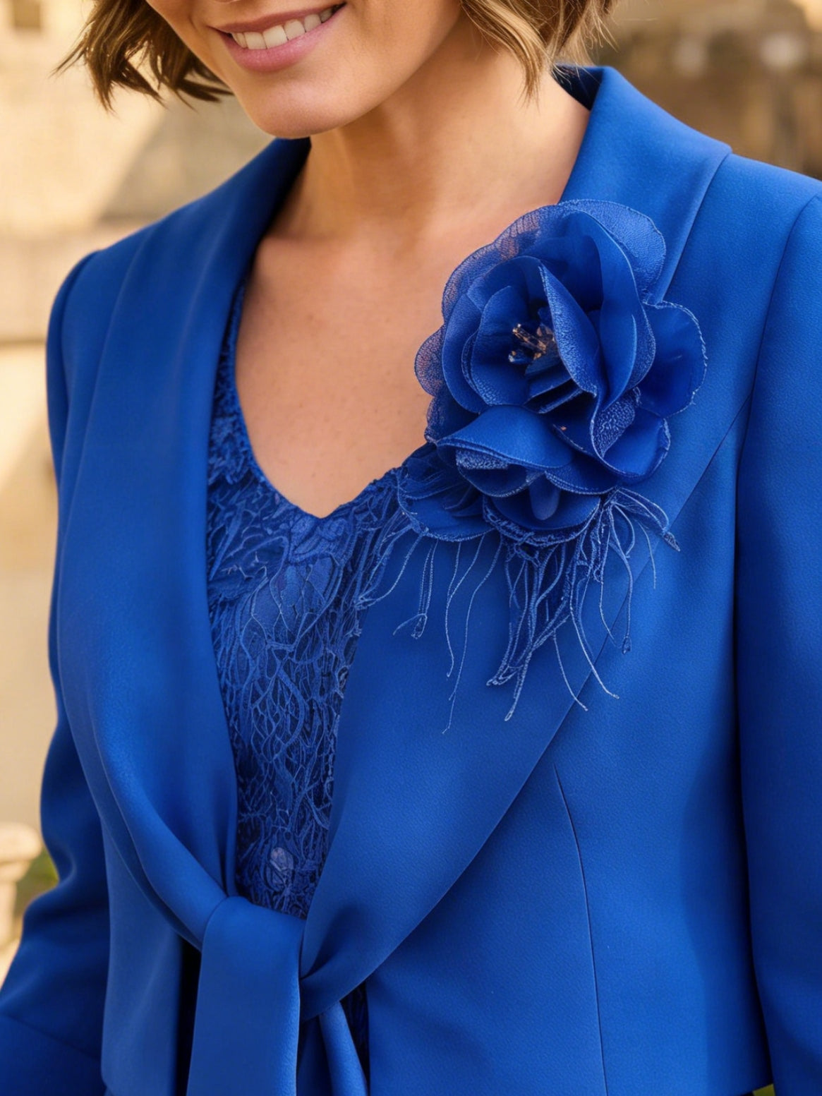 A-Line/Princess 2 Pieces V-Neck Chiffon Mother of the Bride Dresses Tea-Length 3/4 Sleeves Pleated 3D Flower With Jacket