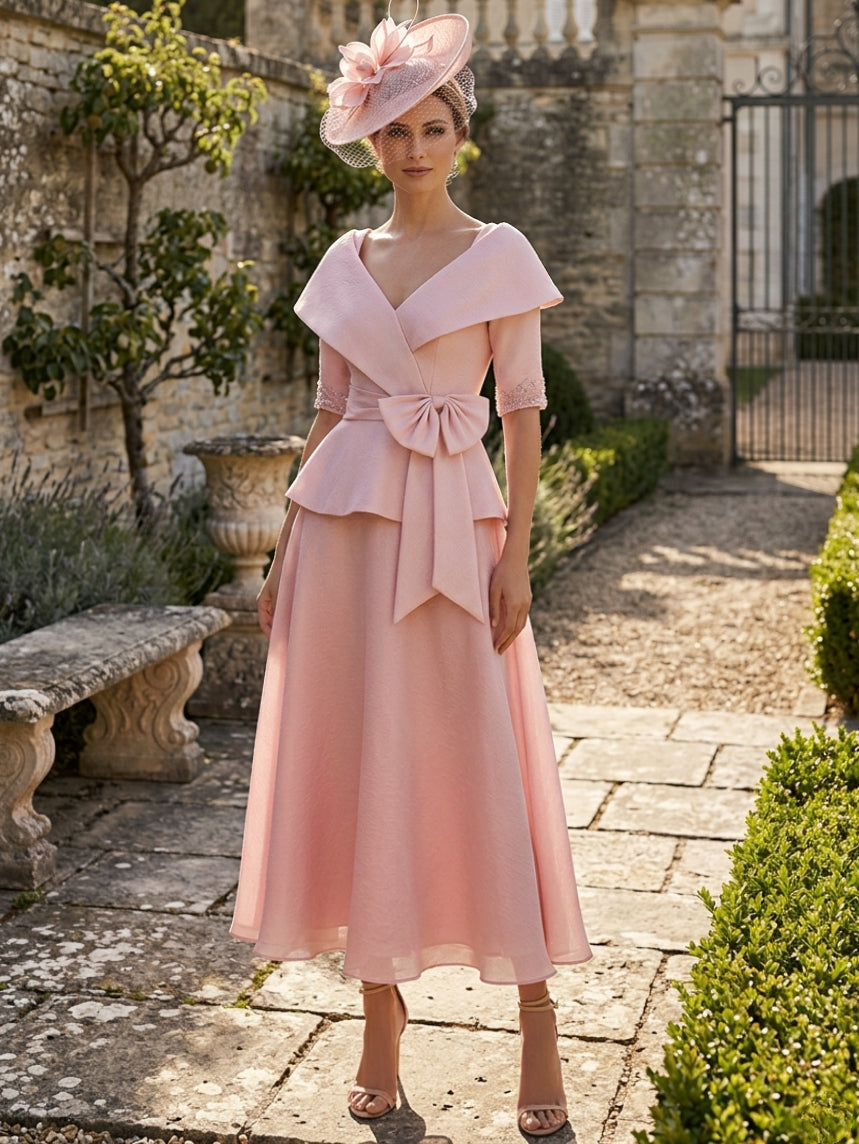 A-Line/Princess 2 Pieces V-Neck Mother of the Bride Dresses Tea-Length Short Sleeves Bowknot Sequins