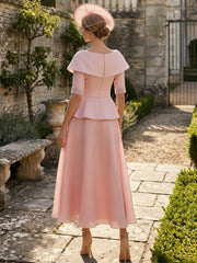 A-Line/Princess 2 Pieces V-Neck Mother of the Bride Dresses Tea-Length Short Sleeves Bowknot Sequins