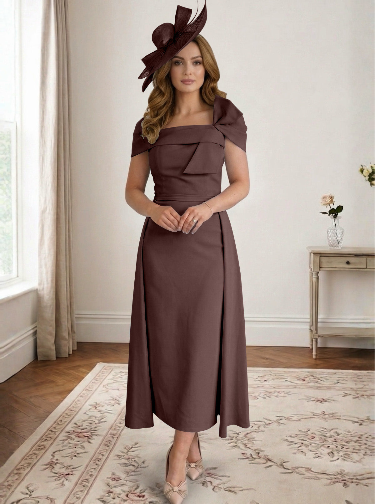 A Line/Princess Off-the-Shoulder Tea-Length Mother of the Bride Dresses with Bowknot