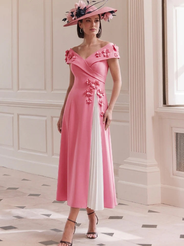 A Line/Princess Off-the-Shoulder Tea-Length Mother of the Bride Dresses with 3D Flower&Pleats