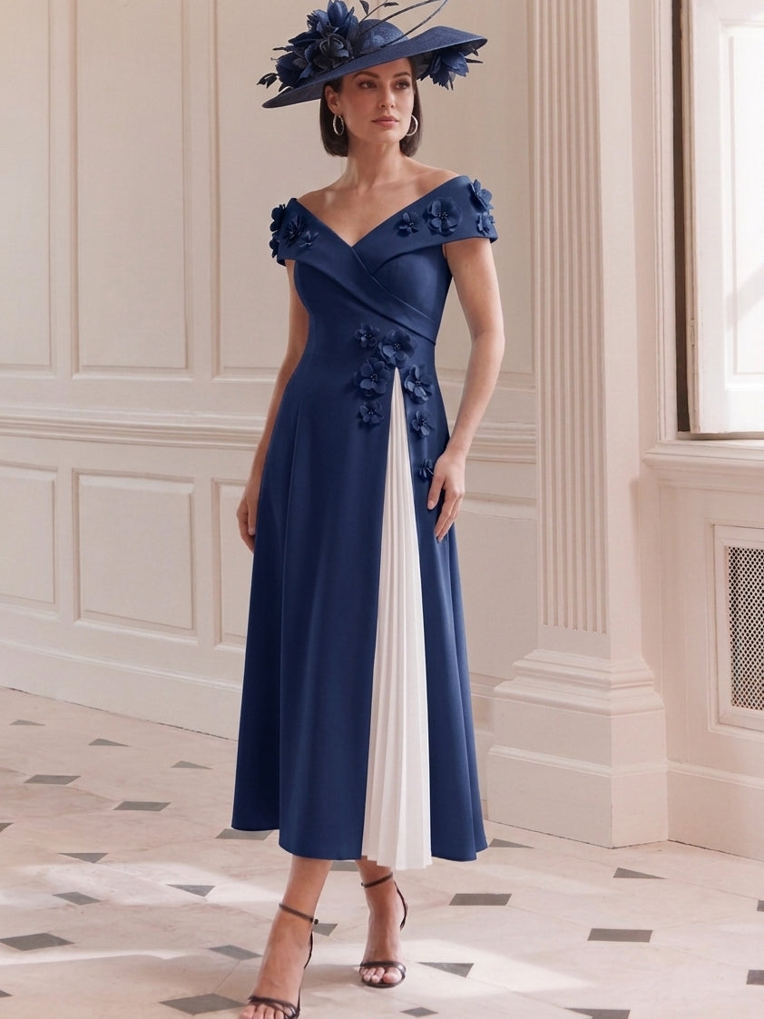A Line/Princess Off-the-Shoulder Tea-Length Mother of the Bride Dresses with 3D Flower&Pleats