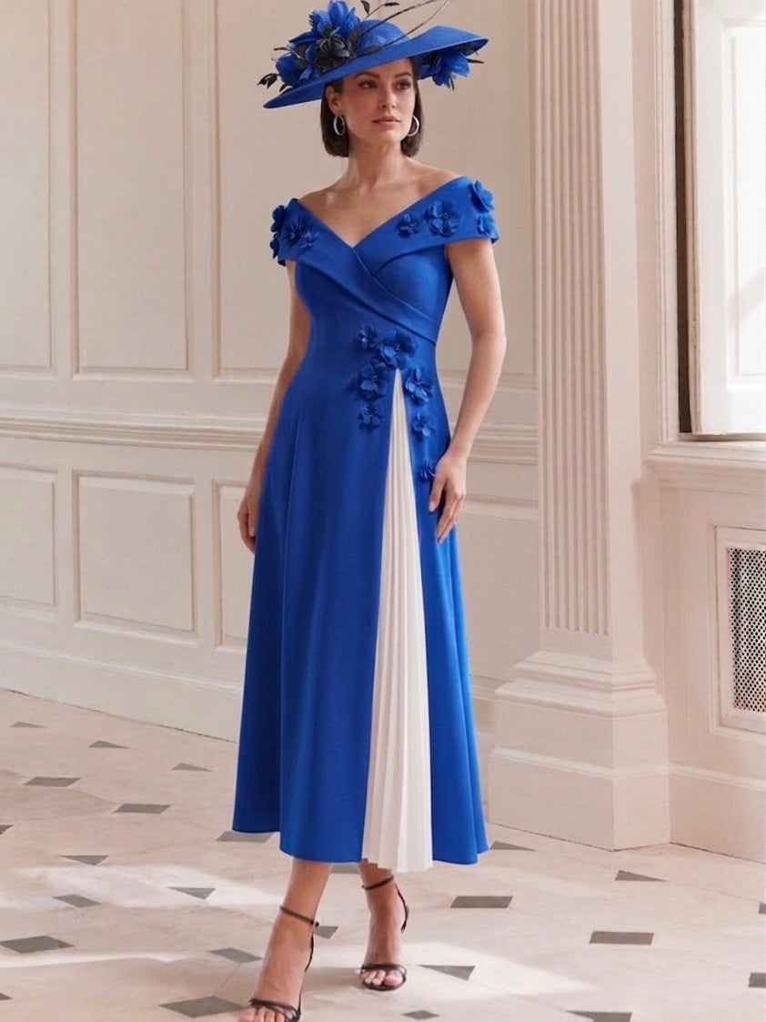 A Line/Princess Off-the-Shoulder Tea-Length Mother of the Bride Dresses with 3D Flower&Pleats