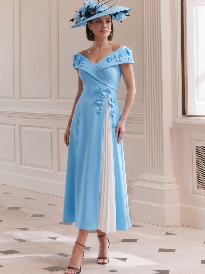 A Line/Princess Off-the-Shoulder Tea-Length Mother of the Bride Dresses with 3D Flower&Pleats