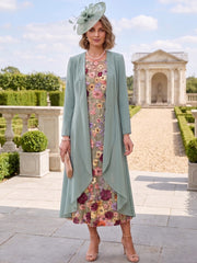 2 Pieces Chiffon A-Line/Princess Scoop Mother of the Bride Dresses with Jacket Tea-Length Long Sleeves Lace Floral