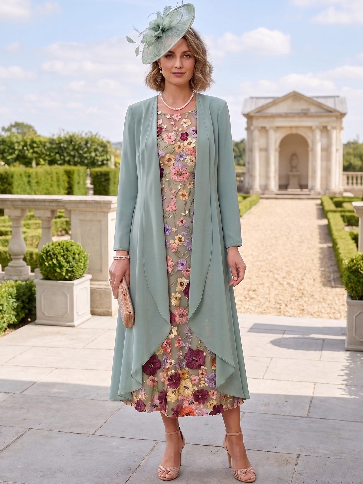 2 Pieces Chiffon A-Line/Princess Scoop Mother of the Bride Dresses with Jacket Tea-Length Long Sleeves Lace Floral