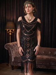 1920s The Great Gatsby Outfit Sheath/Column V-Neck Short Sleeves Sequins Tassels Vintage Dresses Tea-Length